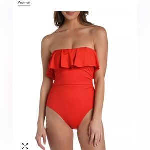 La Blanca Island Goddess Ruffled Bandeau One Piece - Cherry